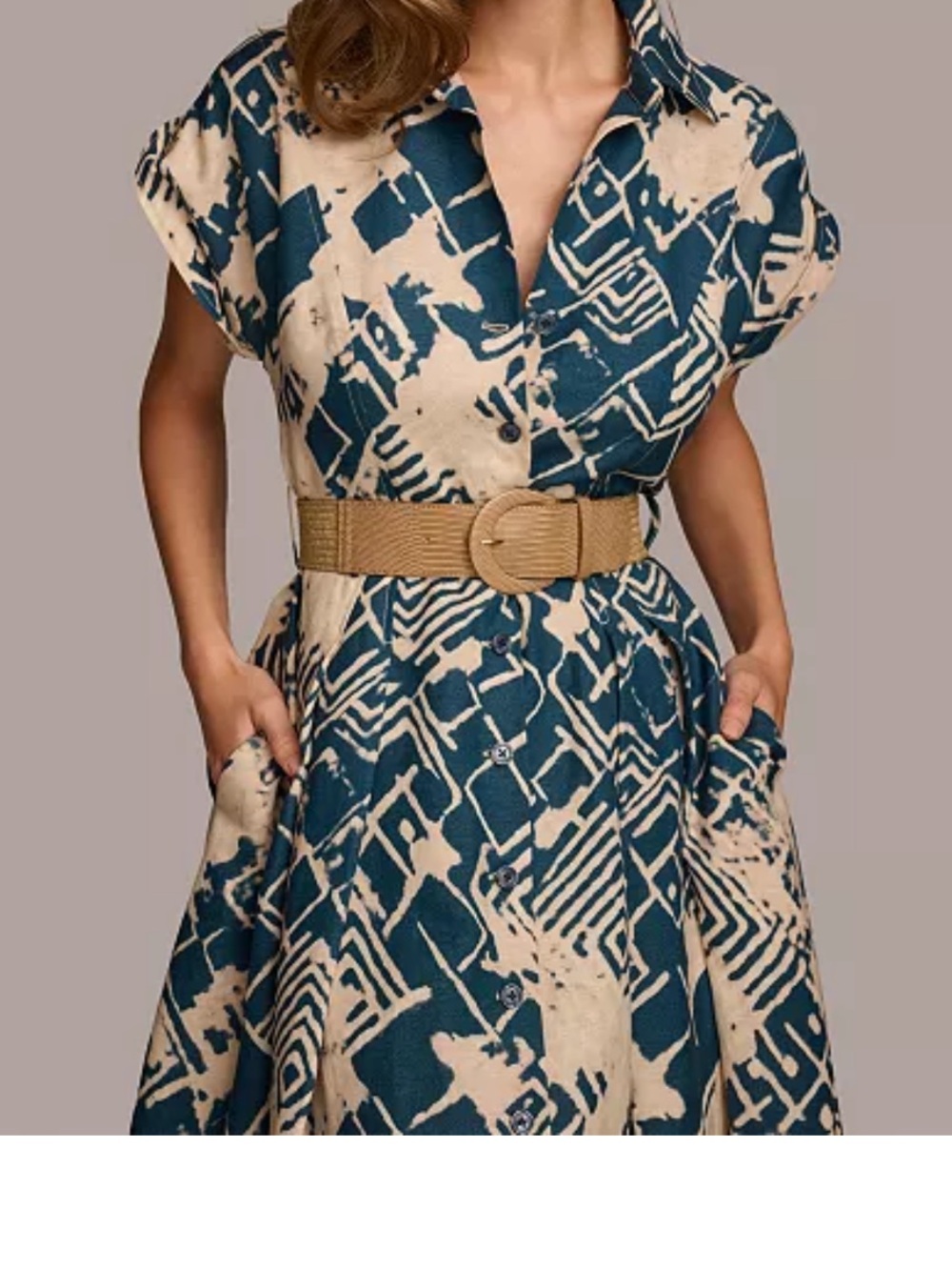 Donna Karan Women's Linen-Blend Printed Shirtdress Size 16 - Picture 4 of 8